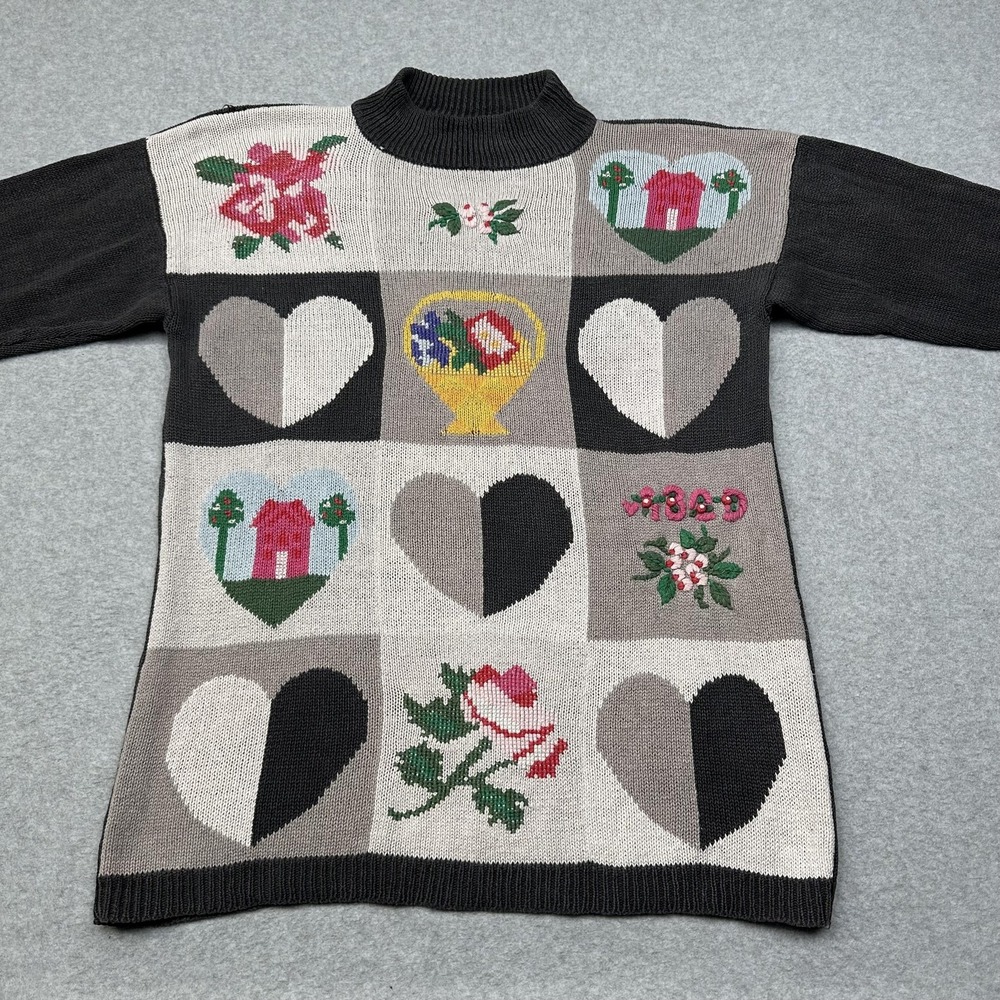Christina Sweater Womens Large Patchwork Floral Hearts Mock Neck‎ Pullover VTG